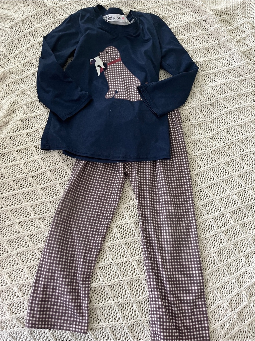 Navy Dog Appliqué Kids Pajama Set - Navy & Brown Gingham